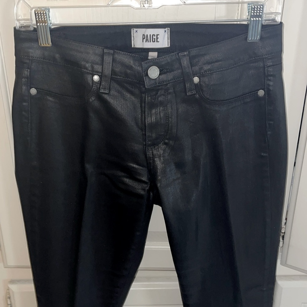 Paige black coated leather look low-rise five pocket skinny jeans. Like new.